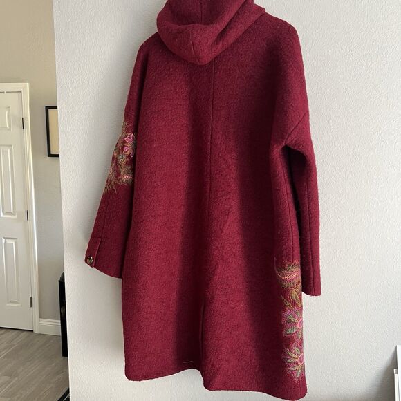 Sundance Blooming Bouclé Embroidered Wool Blend Hooded Coat Size XL Red - Picture 2 of 7
